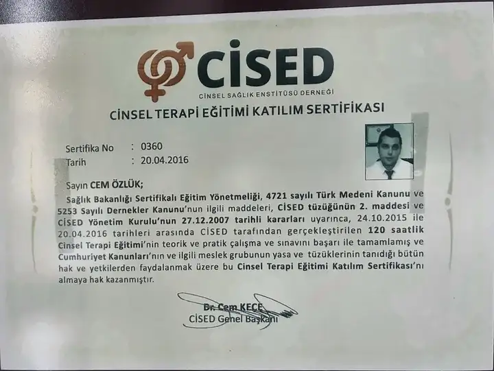 Sexual Therapy Training Certificate of Participation document for Dr. Cem Özlük MD.