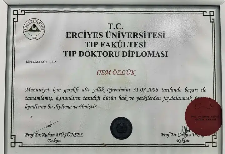 Medical Degree Diploma document for Dr. Cem Özlük MD.