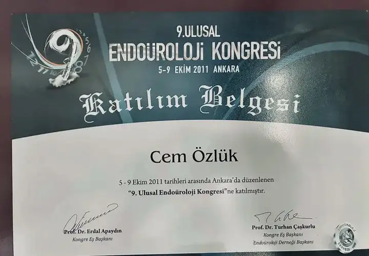 9th National Endourology Congress document for Dr. Cem Özlük MD.