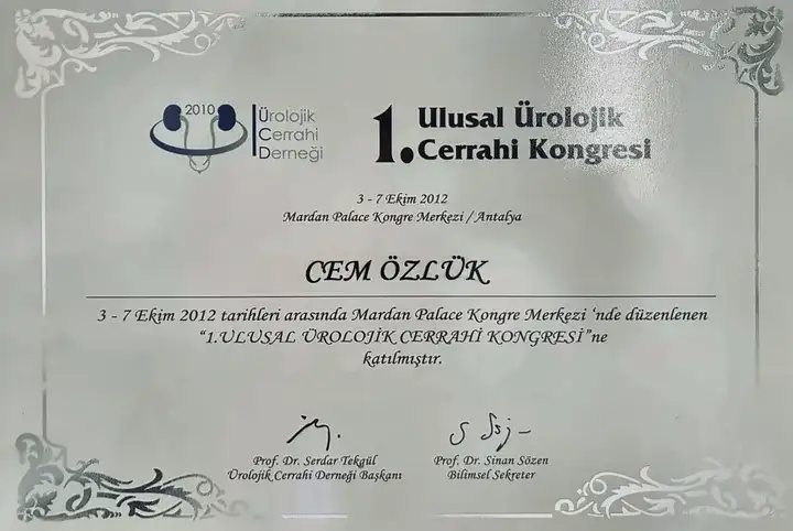 1st National Urological Surgery Congress document for Dr. Cem Özlük MD.