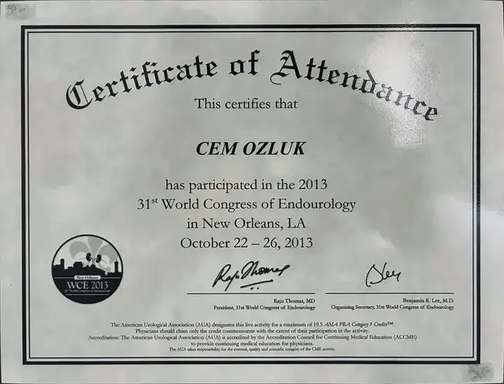 31st World Congress of Endourology document for Dr. Cem Özlük MD.